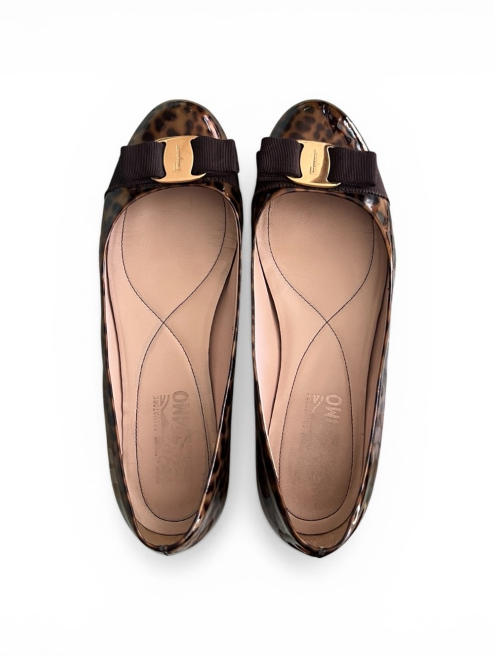 Salvatore Ferragamo Varina Leopard Patent Vara Bow Flats Size 9M